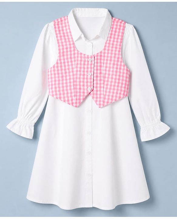 Pine Kids 100% Cotton Woven Full Sleeves Frock with Checked Jacket - White