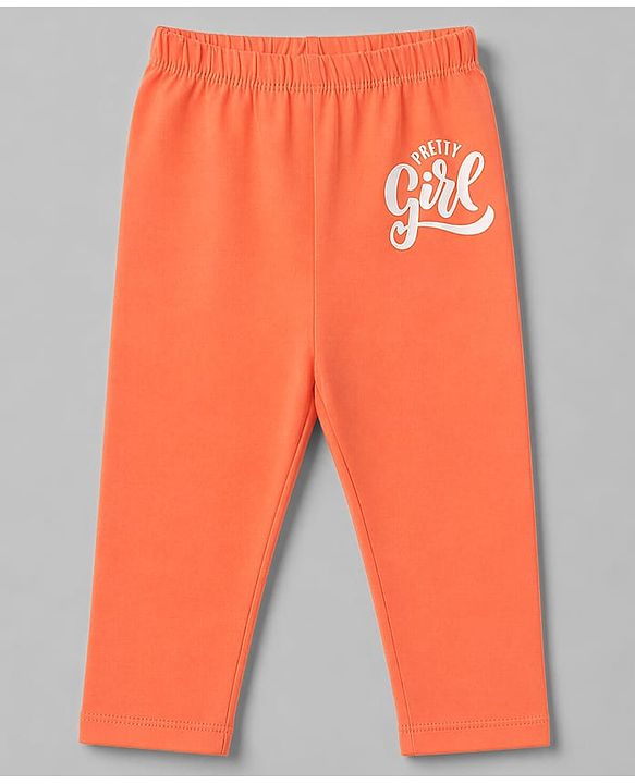 Babyhug Cotton Lycra Knit Full Length Floral & Text Printed Leggings Pack Of 2 - Orange & White