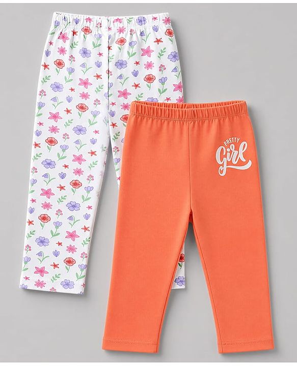 Babyhug Cotton Lycra Knit Full Length Floral & Text Printed Leggings Pack Of 2 - Orange & White