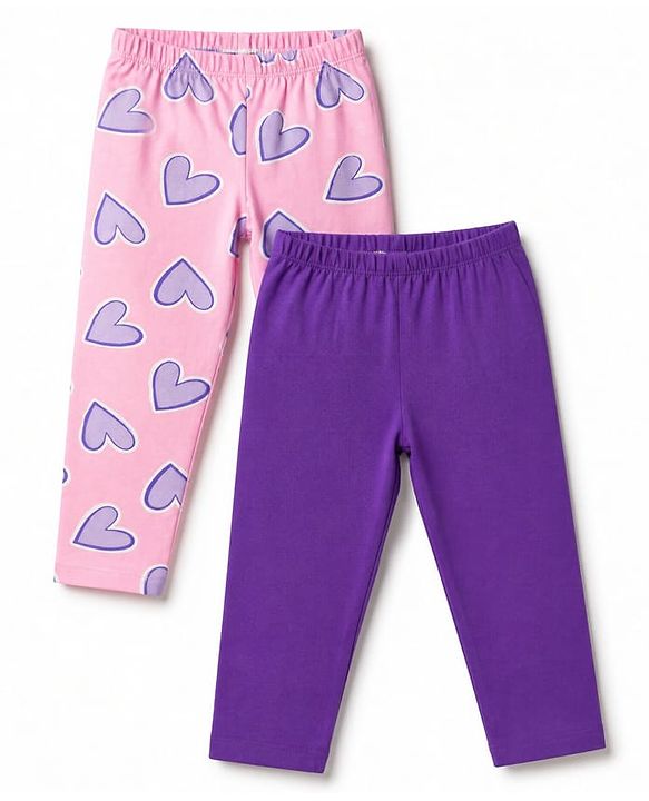 Babyhug Cotton Lycra Knit Full Length Leggings With Heart Print Pack of 2 - Pink & Purple