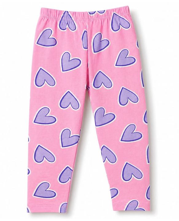 Babyhug Cotton Lycra Knit Full Length Leggings With Heart Print Pack of 2 - Pink & Purple