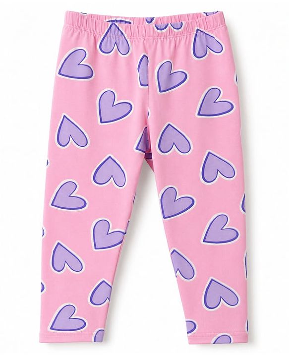 Babyhug Cotton Lycra Knit Full Length Leggings With Heart Print Pack of 2 - Pink & Purple