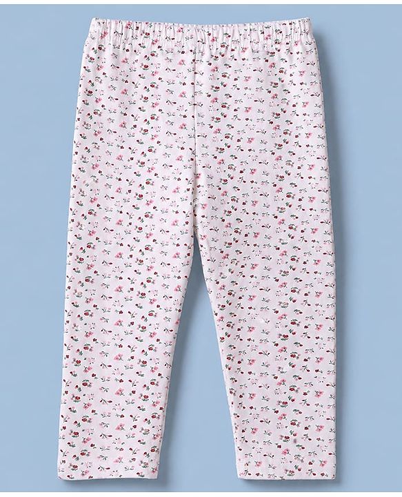 Babyhug Cotton Elastane Knit Full Length Leggings With Floral Print Pack of 2 in Pink White