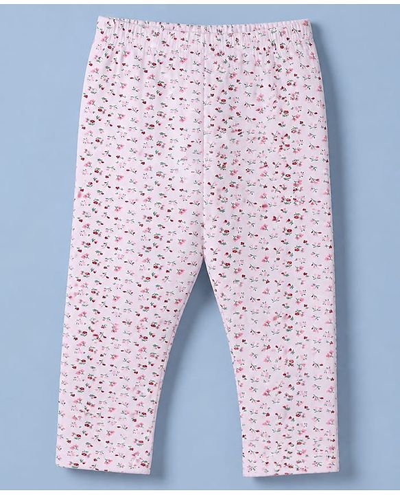 Babyhug Cotton Elastane Knit Full Length Leggings With Floral Print Pack of 2 in Pink White