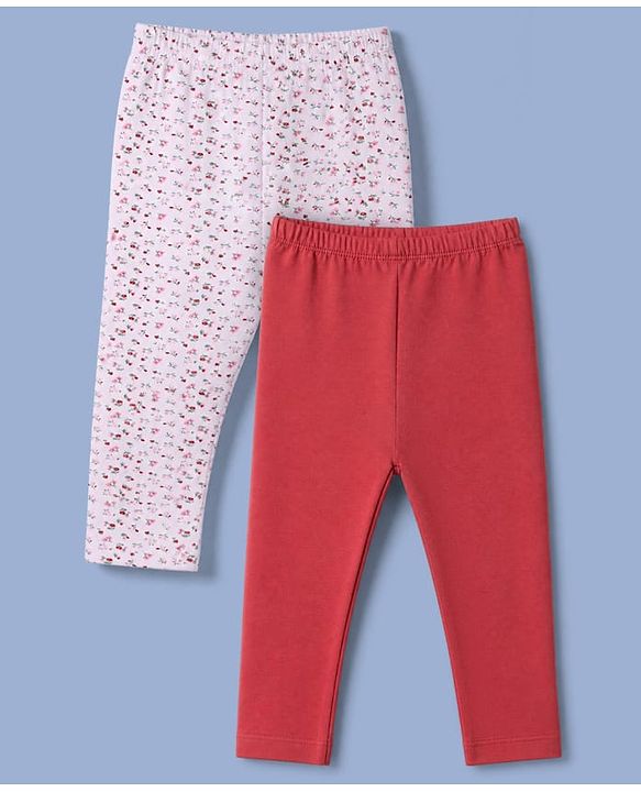 Babyhug Cotton Elastane Knit Full Length Leggings With Floral Print Pack of 2 in Pink White