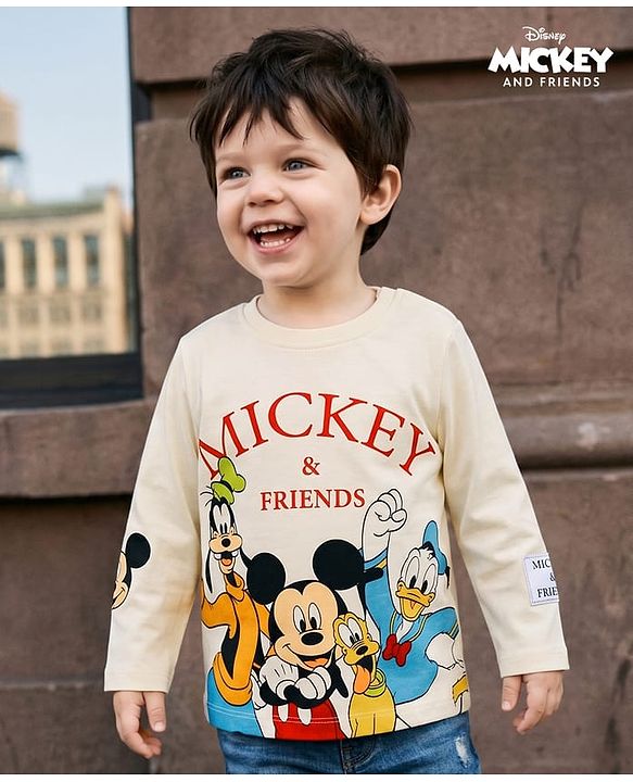 Babyhug Disney Cotton Knit Full Sleeves T-Shirt with MIckey Mouse & Friends Graphics - White