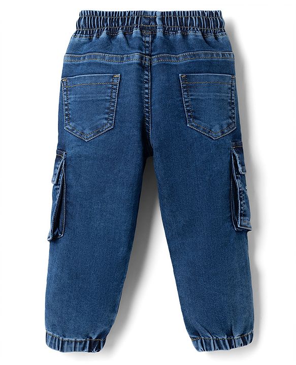 Babyhug Full Length Denim Joggers With Cargo Pockets - Blue