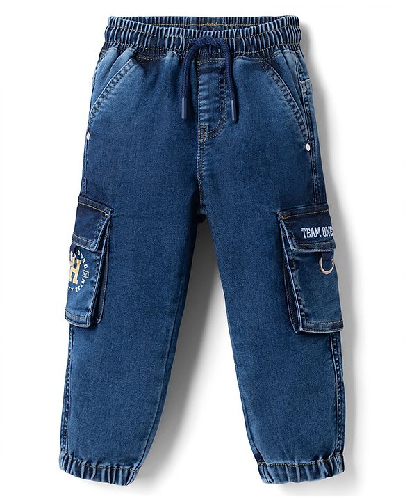 Babyhug Full Length Denim Joggers With Cargo Pockets - Blue