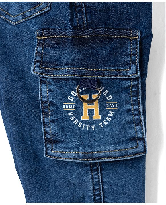 Babyhug Full Length Denim Joggers With Cargo Pockets - Blue