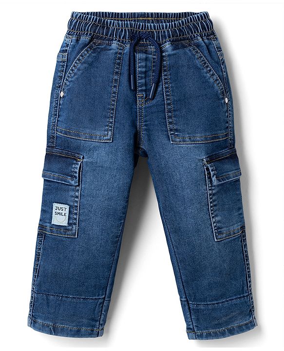 Babyhug Full Length Washed Regular Fit Denim Jeans With Cargo Pockets - Blue