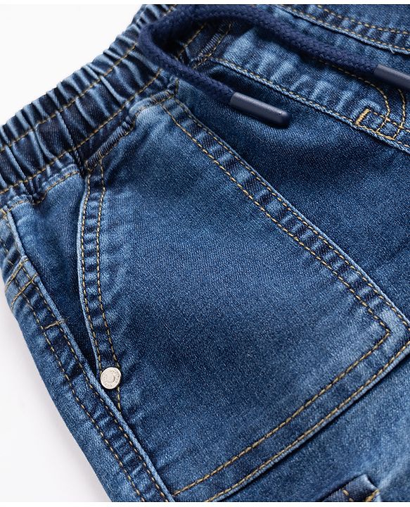 Babyhug Full Length Washed Regular Fit Denim Jeans With Cargo Pockets - Blue
