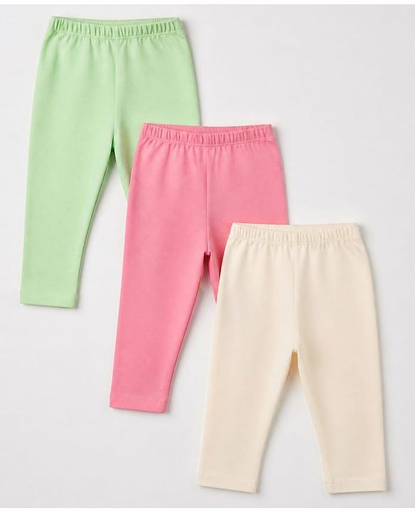 Babyhug Cotton Lycra Elastane Knit Slim Fit Full Length Solid Leggings Pack of 3 - Light Green, Pink & Cream