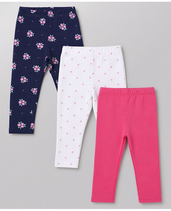 Babyhug Cotton Lycra Knit Full Length Floral & Polka Dots Printed Leggings Pack of 3 - Navy Blue Dark Pink & White