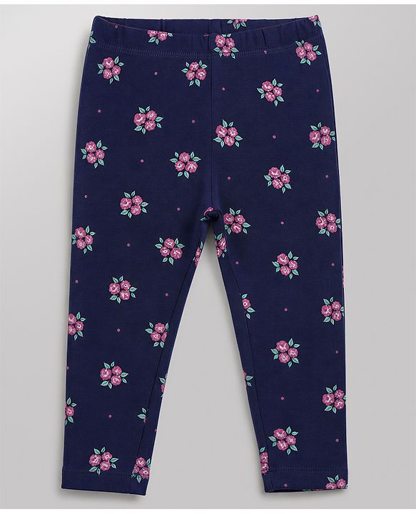 Babyhug Cotton Lycra Knit Full Length Floral & Polka Dots Printed Leggings Pack of 3 - Navy Blue Dark Pink & White