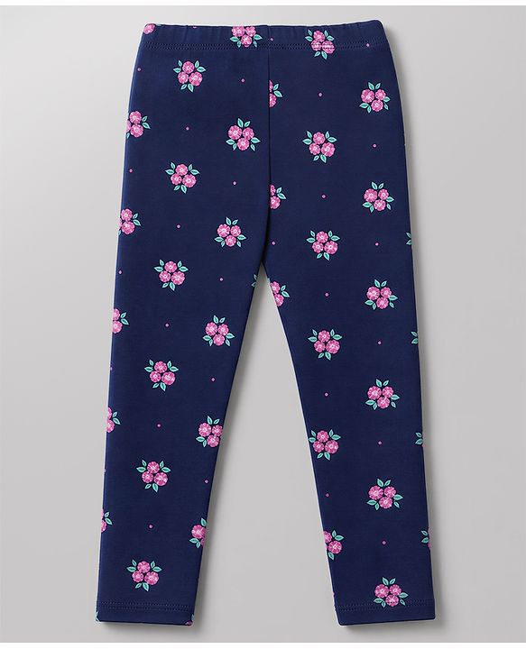 Babyhug Cotton Lycra Knit Full Length Floral & Polka Dots Printed Leggings Pack of 3 - Navy Blue Dark Pink & White