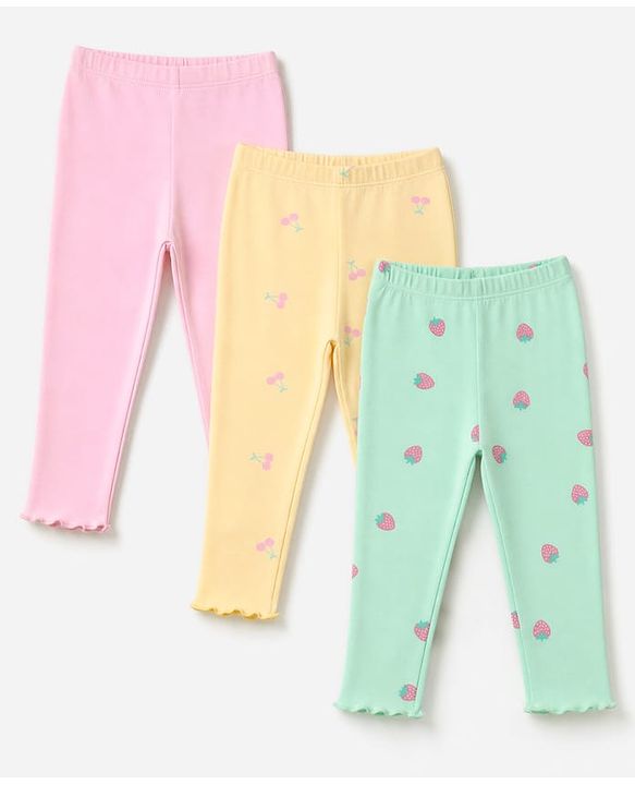Babyhug Cotton Lycra Knit Full Length Leggings With Fruits Print - Pink, Orange & Green