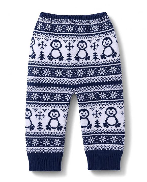 Babyhug Sweater Knit Full Length Woollen Pant With Floral Design - Navy Blue