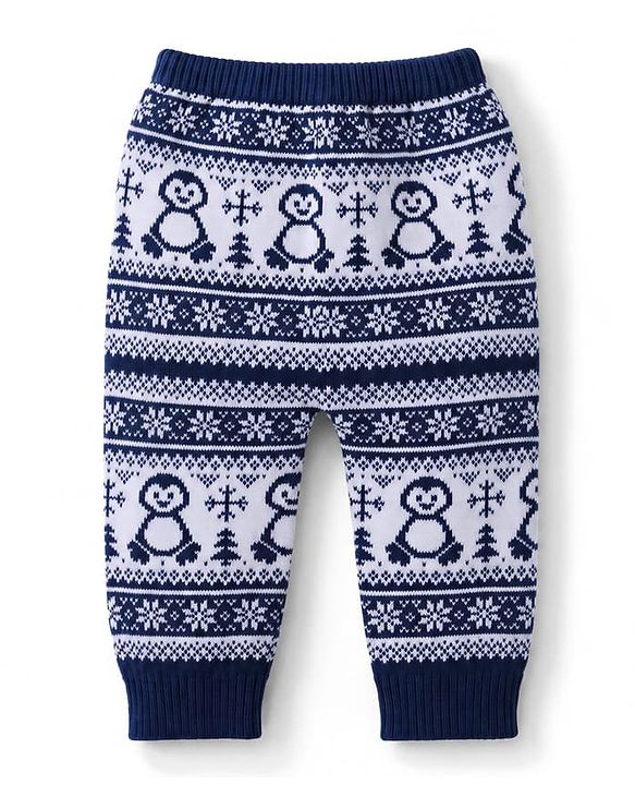 Babyhug Sweater Knit Full Length Woollen Pant With Floral Design - Navy Blue