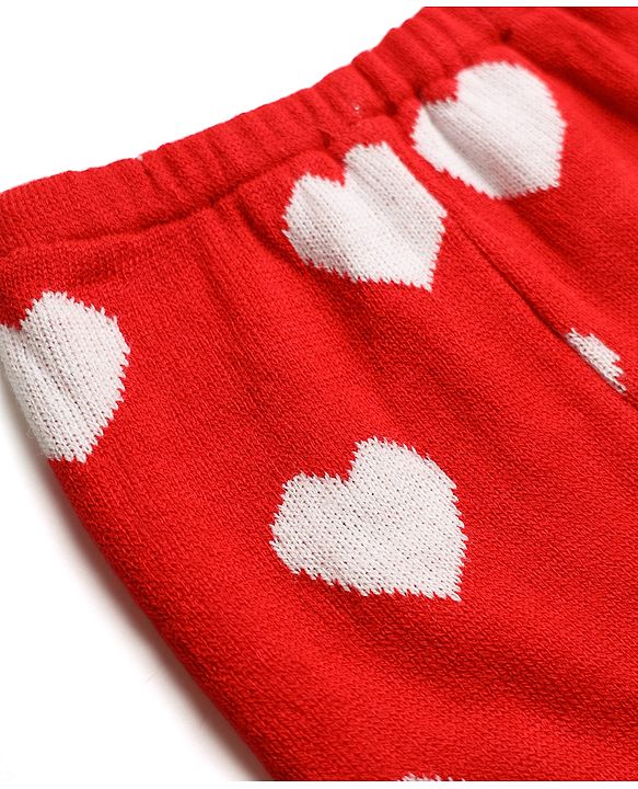 Babyhug Sweater Knit Full Length Woollen Pant With Hearts Design - Red