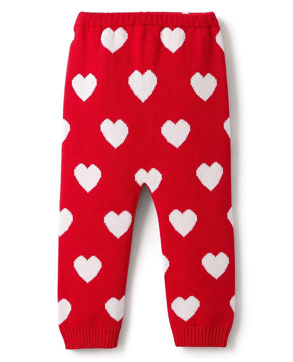 Babyhug Sweater Knit Full Length Woollen Pant With Hearts Design - Red