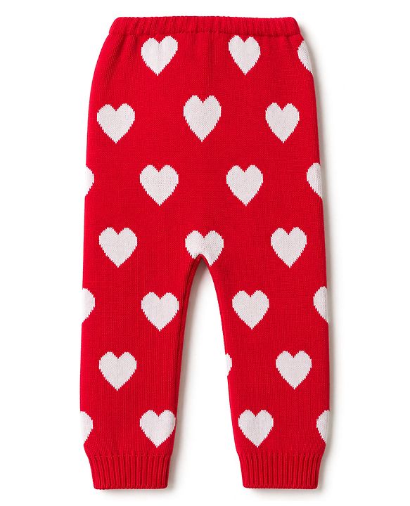 Babyhug Sweater Knit Full Length Woollen Pant With Hearts Design - Red