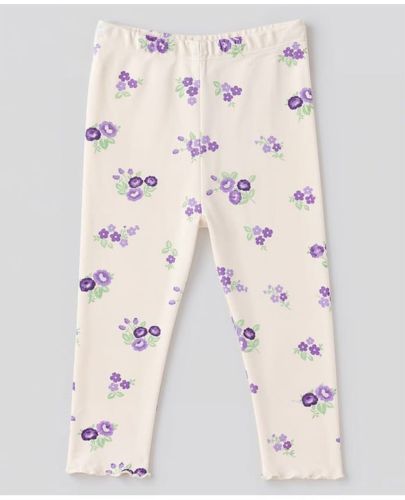 Babyhug Cotton Elastane Lycra Knit Full Length Leggings With Polka Dot & Floral Print Pack of 3 - Beige, Purple & Pink
