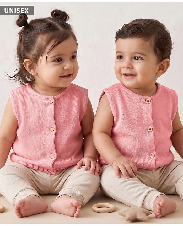 Babyhug Knit Front Open Sweater with Sleeveless in Pink