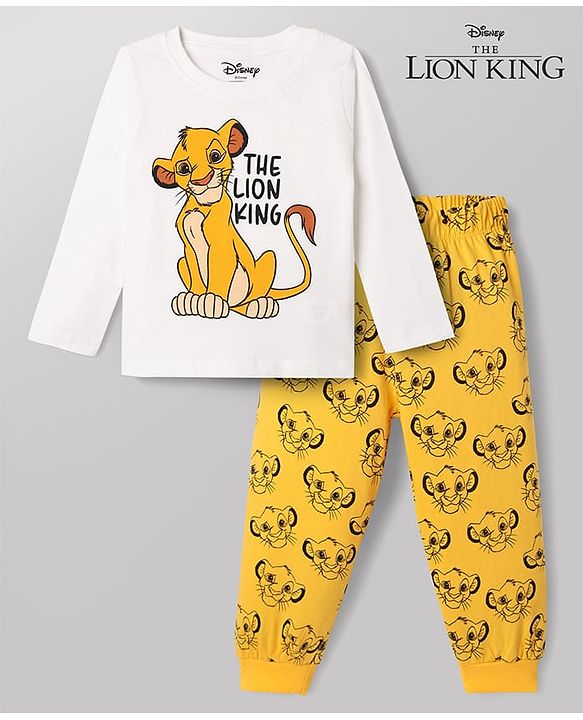 Babyhug Disney 100% Cotton Knit Full Sleeves T-Shirt & Pyjama Night Suit With Lion King Graphic - Yellow