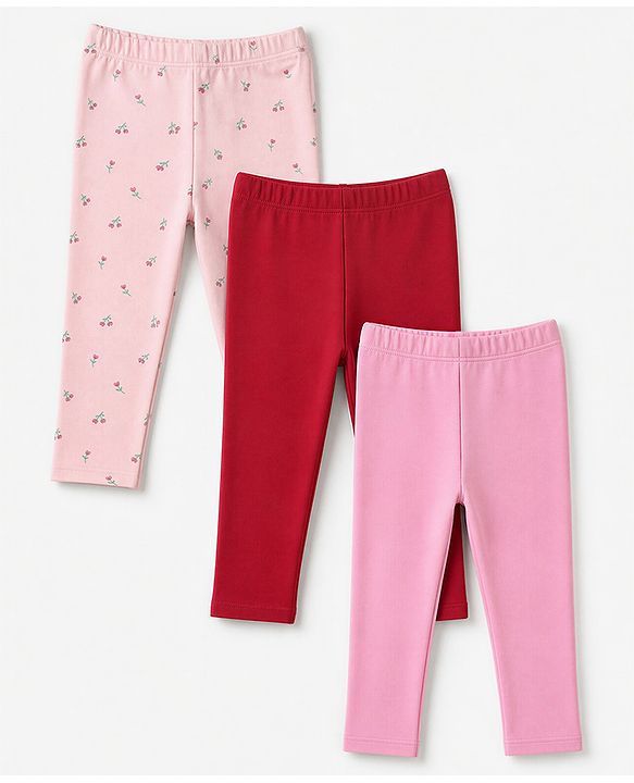 Babyhug Cotton Elastane Lycra Knit Solid Floral Printed Leggings Female Pack of 3 - Pink Red