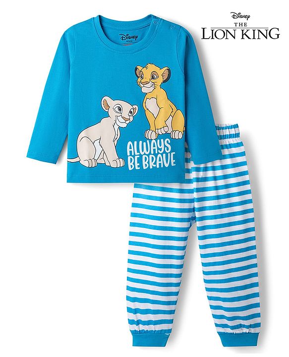 Babyhug Disney Single Jersey Knit Full Sleeves Co-Ords T-Shirt & Pyjama Night Suit with Lion King Print - Aqua Blue