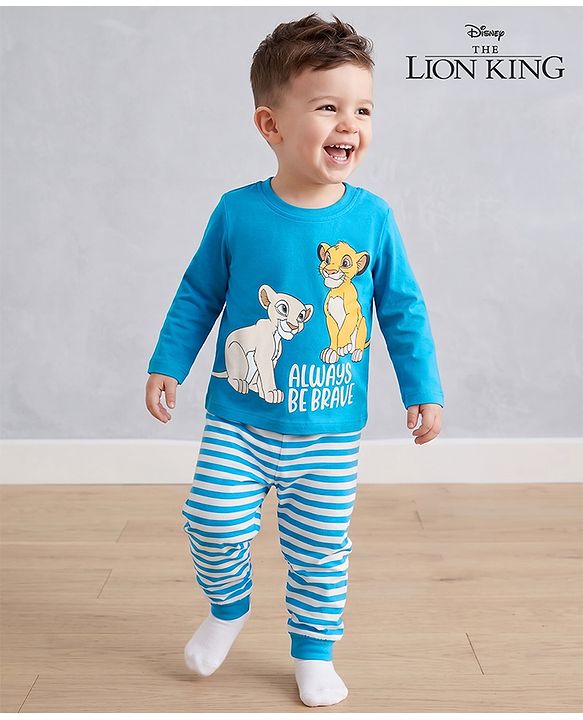Babyhug Disney Single Jersey Knit Full Sleeves Co-Ords T-Shirt & Pyjama Night Suit with Lion King Print - Aqua Blue
