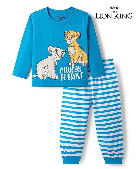 Babyhug Disney Single Jersey Knit Full Sleeves Co-Ords T-Shirt & Pyjama Night Suit with Lion King Print - Aqua Blue