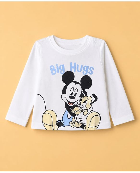 Babyhug Disney 100% Cotton Single Jersey Knit Full Sleeves T-Shirt & Pajama Night Suit with Mickey Mouse Graphic Print - White & Light Blue