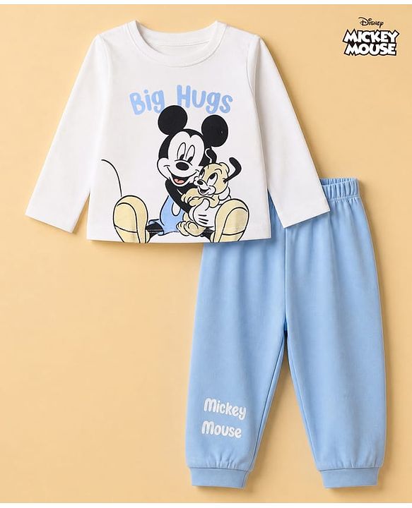 Babyhug Disney 100% Cotton Single Jersey Knit Full Sleeves T-Shirt & Pajama Night Suit with Mickey Mouse Graphic Print - White & Light Blue