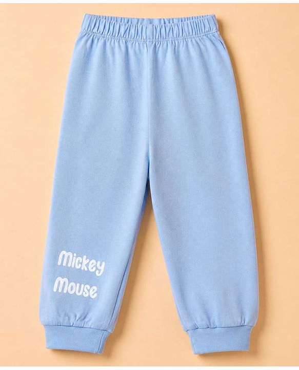 Babyhug Disney 100% Cotton Single Jersey Knit Full Sleeves T-Shirt & Pajama Night Suit with Mickey Mouse Graphic Print - White & Light Blue