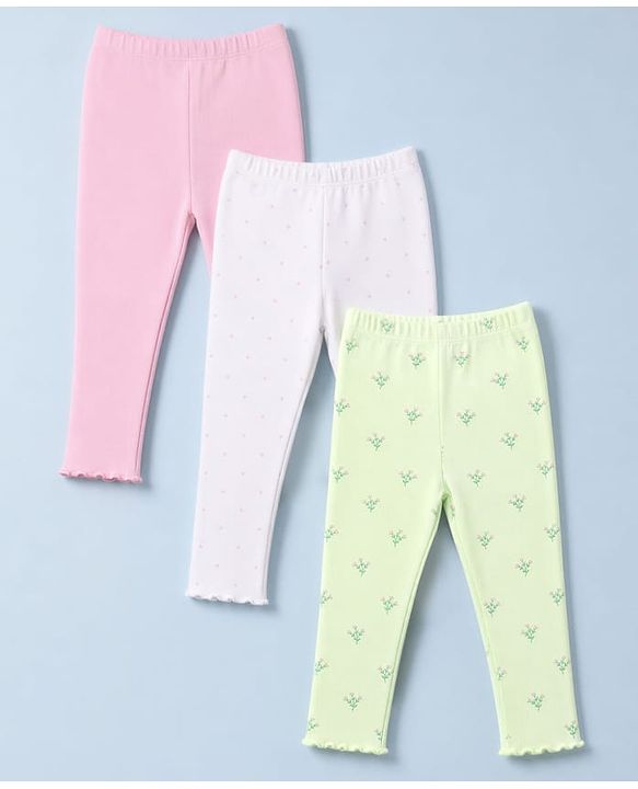 Babyhug Cotton Lycra Knit Full Length Leggings With Floral & Polka Dots Print Pack of 3 - Pink, White & Green