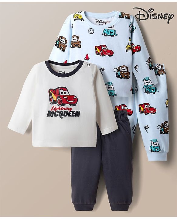 Babyhug Disney 100% Cotton Single Jersey Knit Full Sleeves Co-ord T-Shirt & Pajama Night Suit with Cars Graphic Print Pack of 2 - Light Blue & White