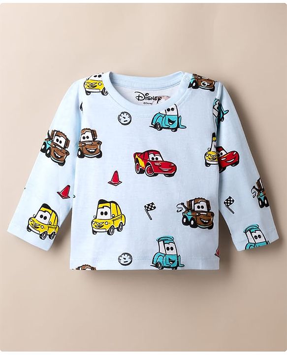 Babyhug Disney 100% Cotton Single Jersey Knit Full Sleeves Co-ord T-Shirt & Pajama Night Suit with Cars Graphic Print Pack of 2 - Light Blue & White