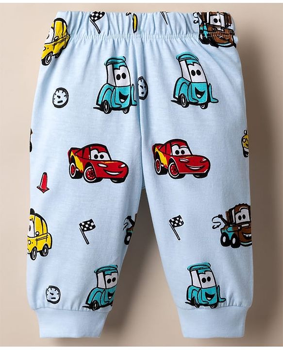 Babyhug Disney 100% Cotton Single Jersey Knit Full Sleeves Co-ord T-Shirt & Pajama Night Suit with Cars Graphic Print Pack of 2 - Light Blue & White