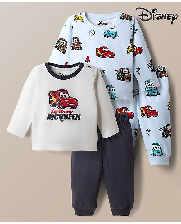 Babyhug Disney 100% Cotton Single Jersey Knit Full Sleeves Co-ord T-Shirt & Pajama Night Suit with Cars Graphic Print Pack of 2 - Light Blue & White