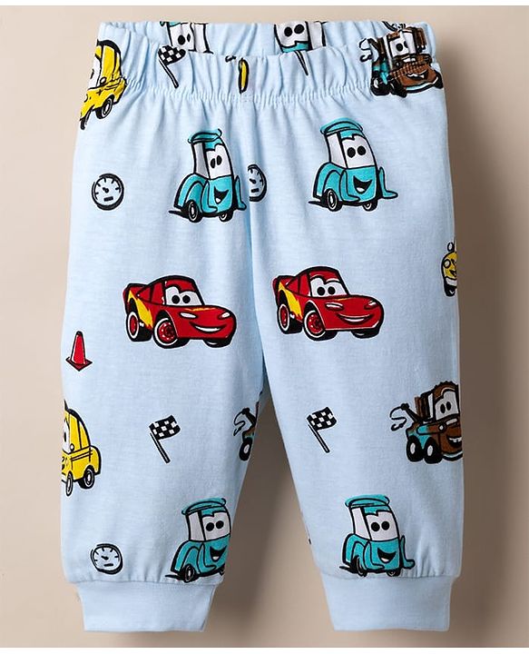 Babyhug Disney 100% Cotton Single Jersey Knit Full Sleeves Co-ord T-Shirt & Pajama Night Suit with Cars Graphic Print Pack of 2 - Light Blue & White