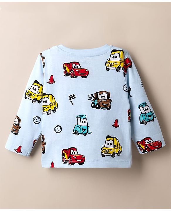 Babyhug Disney 100% Cotton Single Jersey Knit Full Sleeves Co-ord T-Shirt & Pajama Night Suit with Cars Graphic Print Pack of 2 - Light Blue & White