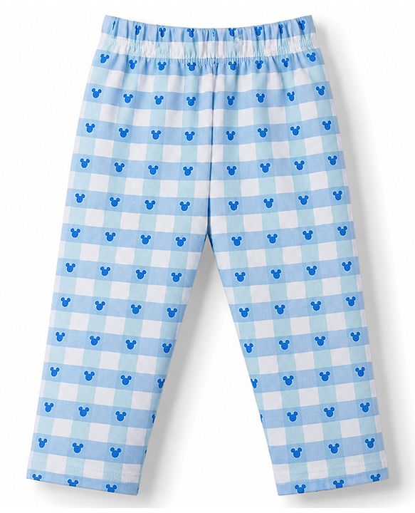 Babyhug Disney Single Jersey Knit Full Sleeves T-Shirt & Checks Pyjama Night Suit with Mickey Mouse Graphics - Light Blue