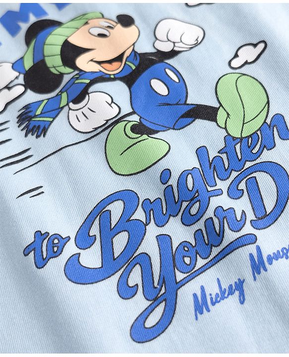 Babyhug Disney Single Jersey Knit Full Sleeves T-Shirt & Checks Pyjama Night Suit with Mickey Mouse Graphics - Light Blue