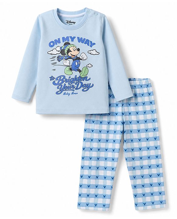 Babyhug Disney Single Jersey Knit Full Sleeves T-Shirt & Checks Pyjama Night Suit with Mickey Mouse Graphics - Light Blue