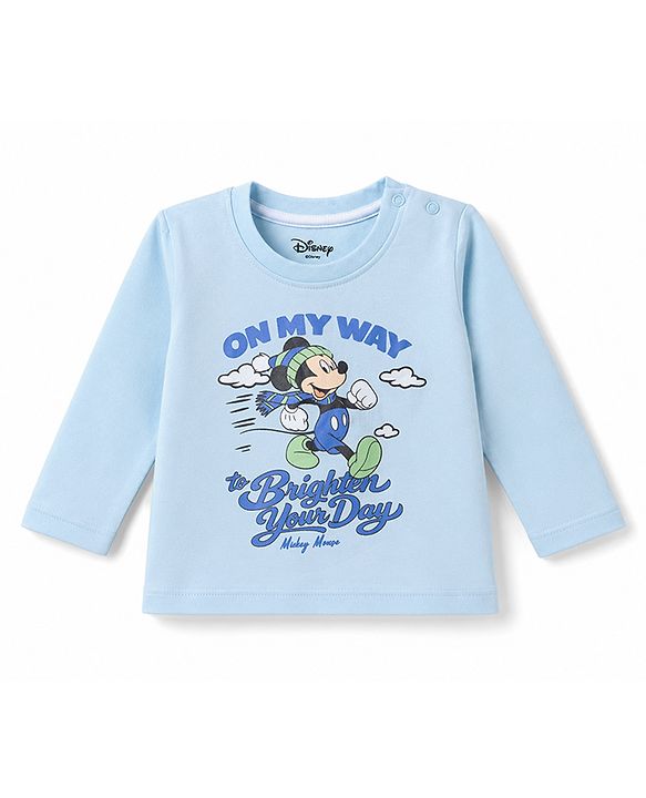 Babyhug Disney Single Jersey Knit Full Sleeves T-Shirt & Checks Pyjama Night Suit with Mickey Mouse Graphics - Light Blue
