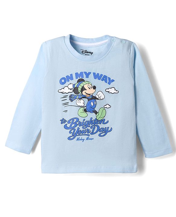 Babyhug Disney Single Jersey Knit Full Sleeves T-Shirt & Checks Pyjama Night Suit with Mickey Mouse Graphics - Light Blue