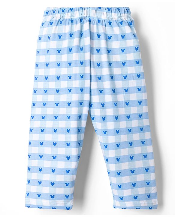Babyhug Disney Single Jersey Knit Full Sleeves T-Shirt & Checks Pyjama Night Suit with Mickey Mouse Graphics - Light Blue