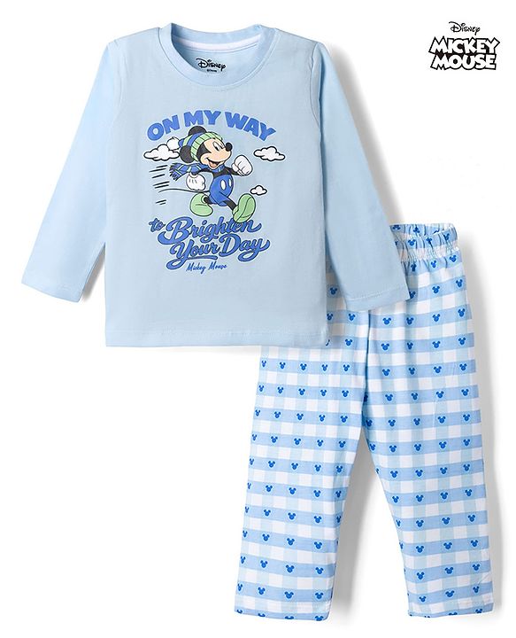 Babyhug Disney Single Jersey Knit Full Sleeves T-Shirt & Checks Pyjama Night Suit with Mickey Mouse Graphics - Light Blue