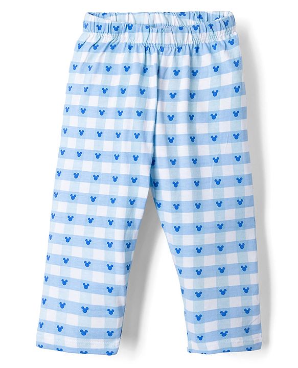 Babyhug Disney Single Jersey Knit Full Sleeves T-Shirt & Checks Pyjama Night Suit with Mickey Mouse Graphics - Light Blue